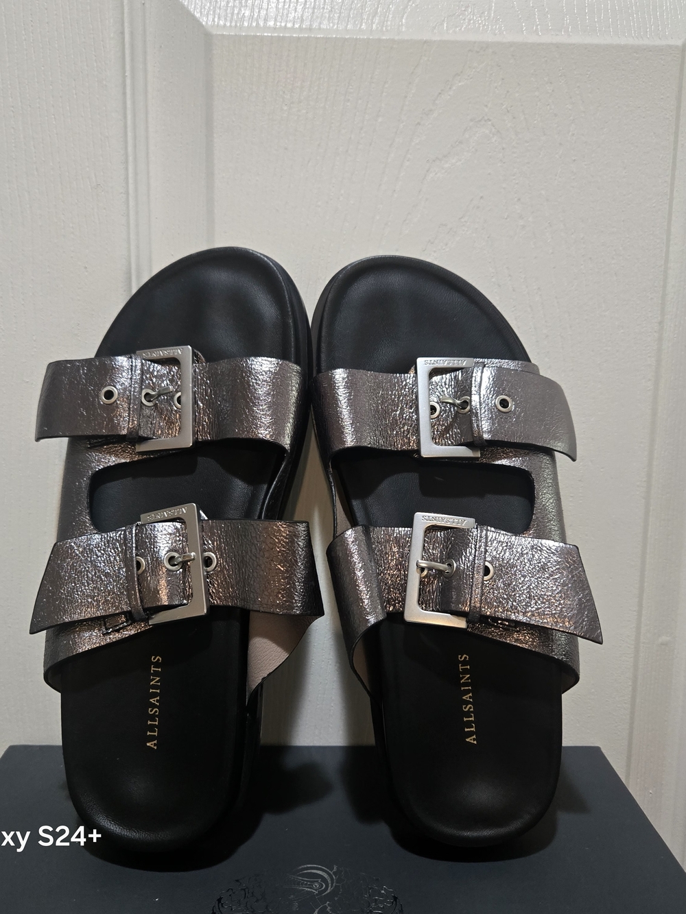 All Saints Metallic Silver Double-Buckle Slide Sandals